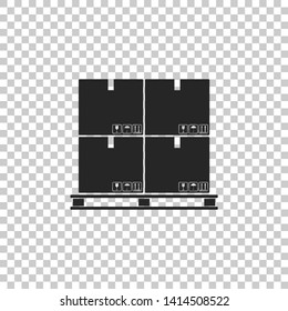 Cardboard boxes on pallet icon isolated on transparent background. Closed carton delivery packaging box with fragile signs. Flat design. Vector Illustration