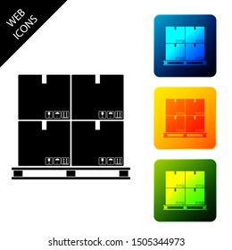 Cardboard boxes on pallet icon isolated on white background. Closed carton delivery packaging box with fragile signs. Set icons colorful square buttons. Vector Illustration