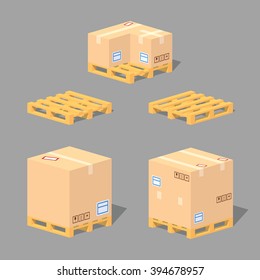 Cardboard boxes on the pallets. 3D lowpoly isometric vector illustration. The set of objects isolated against the grey background and shown from different sides