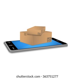 Cardboard boxes on smartphone, delivery service concept.