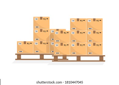 Cardboard boxes on a wood pallet. Different Boxes on warehouse stack front view. Boxes on wooden pallet vector illustration. Packaging cargo. Delivery service. Carton delivery packaging box