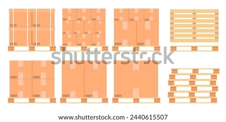 Cardboard boxes on a wood pallet. Different Boxes on warehouse stack front view. Boxes on wooden pallet vector illustration. Packaging cargo. Delivery service. Carton delivery packaging box