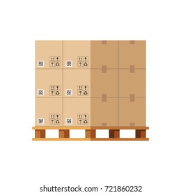 Cardboard boxes on wooded pallet. Vector illustration isolated on white background