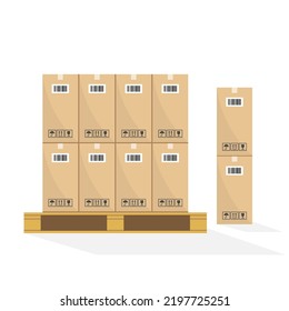 Cardboard boxes on wooden pallets. Carton parcel for storage and cargo with barcode and pictograms and text stickers. Cargo box isolated on white background.