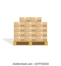 Cardboard boxes on wooden pallets. Carton parcel for storage and cargo with barcode and pictograms and text stickers. Cargo box isolated on white background.