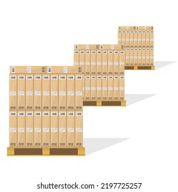 Cardboard boxes on wooden pallets. Carton parcel for storage and cargo with barcode and pictograms and text stickers. Cargo box isolated on white background.