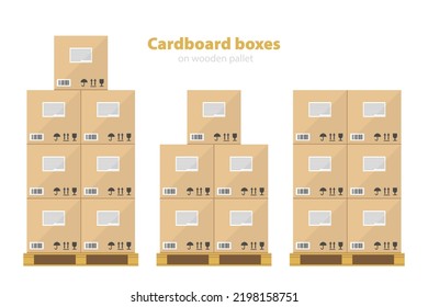 Cardboard boxes on wooden pallets. Carton parcel for storage and cargo with pictograms, barcode and and text stickers. Box isolated on white background.