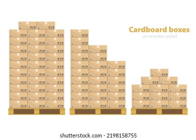 Cardboard boxes on wooden pallets. Carton parcel for storage and cargo with pictograms, barcode and and text stickers. Box isolated on white background.