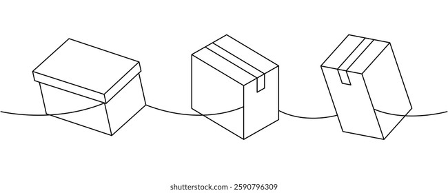 Cardboard boxes one line continuous drawing. Package cardboard boxes. Vector illustration.