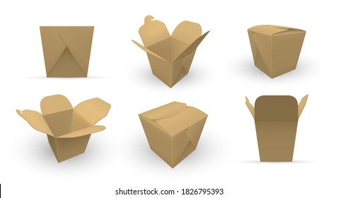 Cajas de cartón con tapa abierta y cerrada para un conjunto realista de fideos. Cubos cuadrados de cartón para comida rápida de comida rápida de comida para llevar en diferentes ángulos. Empaquetado de alimentos de papel, envases. Secuencia aislada del vector de captura.