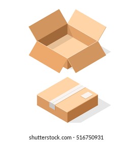 Cardboard boxes, opened and closed sealed with tape.