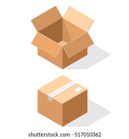 Cardboard boxes, opened and closed sealed with tape.