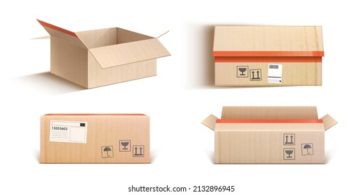 Cardboard boxes for package parcel, delivery and shipping cargo. Vector realistic mockup of open and closed brown carton crate with stickers, fragile label and tape in top and side view