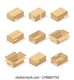 Cajas de cartón o papel de embalaje y caja de envío. paquetes de cartón y paquetes de entrega apilados, artículos de almacén planos y transporte de carga. ilustración de diseño vectorial.