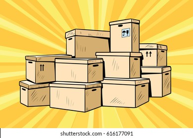 Cardboard boxes for packaging. Pop art retro comic book vector illustration