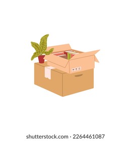 Cardboard boxes packed for house or office moving, flat vector illustration isolated on white background. Pile of boxes with house belongings for moving.