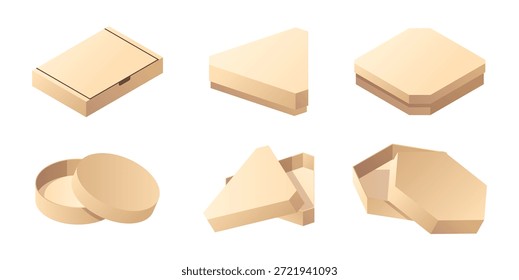 Cajas de cartón para embalaje y entrega en forma de triángulo, hexágono, cuadrado y círculo. Embalaje de Vector con tapas, bolsas de papel vacías para mudarse o transportarse, pizza y comida