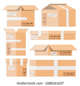 Cajas de cartón para los artículos de embalaje. Entrega de cartón y envío de carga. Paquete de envío. Vector. 