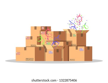 Cardboard boxes for packing and transportation of goods. Delivery service concept. Product packaging. Carton boxes with confetti. Flat style vector illustration isolated on white background.