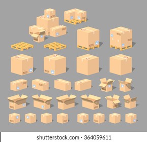 Cardboard boxes and pallets set. 3D lowpoly isometric vector illustration. The set of objects isolated against the grey background and shown from different sides