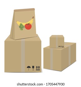 Kartonboxen und Papierbeutel für Verpackungen und Waren einzeln auf weißem Hintergrund. Lebensmittellieferung
