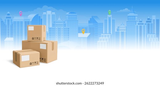 Cardboard boxes, parcels on the cityscape background. Delivery banner template. Pile of stacked and sealed cargo delivery boxes with tags and packaging signs. 3d realistic vector illustration