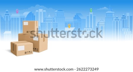 Cardboard boxes, parcels on the cityscape background. Delivery banner template. Pile of stacked and sealed cargo delivery boxes with tags and packaging signs. 3d realistic vector illustration