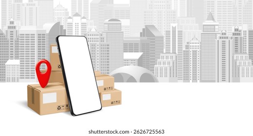 Cardboard boxes, parcels and smartphone on the cityscape background. Shopping online, fast delivery, tracking concept, banner template. Pile of stacked cargo delivery boxes. 3d vector illustration