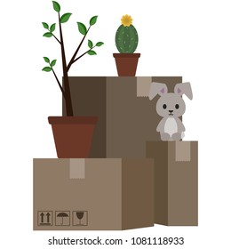Cardboard Boxes and Personal Belongings Illustration - Grouping of cardboard boxes and personal belongings including house plant, cactus, and stuffed animal bunny rabbit representing concept of moving