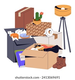 Cardboard boxes with personal property, belongings for moving. Stack of carton package with stuff. Lots objects, utensils, clothes packed for relocation. Flat isolated vector illustrations on white