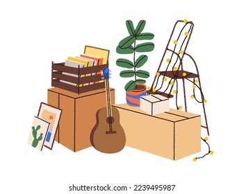 Cardboard boxes with personal stuff for moving. Packed belongings in carton packages for relocation. House plant, guitar, books and stepladder. Flat vector illustration isolated on white background