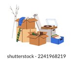 Cardboard boxes, personal stuff pile for moving. Open packs, packages, items heap for relocation. Belongings, apparel, phonograph, many things. Flat vector illustration isolated on white background