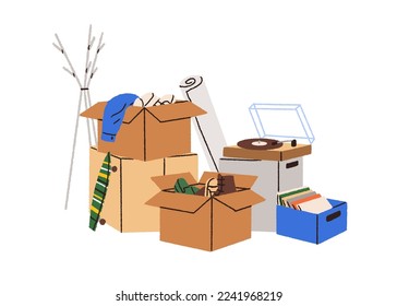 Cardboard boxes, personal stuff pile for moving. Open packs, packages, items heap for relocation. Belongings, apparel, phonograph, many things. Flat vector illustration isolated on white background