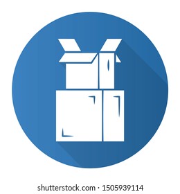 Cardboard boxes pile blue flat design long shadow glyph icon. Parcel packing. Empty open carton boxes for wrapping order. Warehouse supply. Goods storage crates stack. Vector silhouette illustration