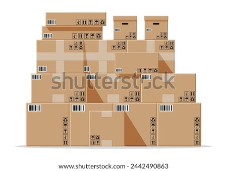 Cardboard boxes pile isolated on white. Carton delivery packaging closed, sealed, cubic, big and small box with fragile signs. Vector illustration in flat style