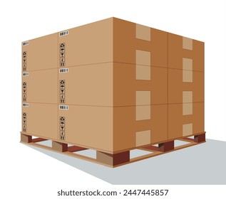 Pila de cajas de cartón en paleta de madera aislada en blanco. Embalaje cerrado, sellado, cúbico, grande y Pequeño con signos frágiles. Almacén, Entrega, Logística. Ilustración vectorial plana