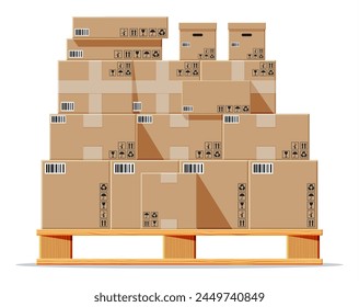 Cardboard boxes pile on wooden pallet isolated on white. Carton delivery packaging closed, sealed, cubic, big and small box with fragile signs. Vector illustration in flat style