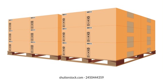 Cardboard Boxes Pile on Wooden Pallet Isolated on White. Carton Delivery Packaging Closed, Sealed, Cubic, Big and Small Box with Fragile Signs. Warehouse, Delivery, Logistics. Flat Vector Illustration