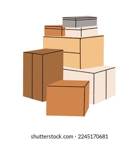 Cardboard boxes pile. Parcels, packages group, stack. Heap of carton packs. Many, lot of containers of different size for storage and moving. Flat vector illustration isolated on white background