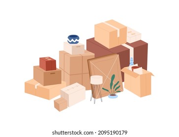 Cardboard boxes pile with personal stuff. Many packed cartons stack with home supplies, ready for moving and relocation. Plenty of packages. Flat vector illustration isolated on white background