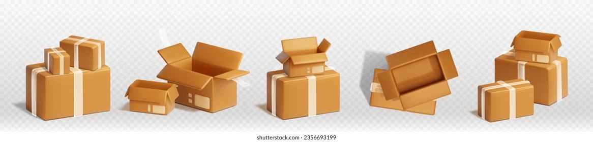 Cardboard boxes in piles for delivery and storage of goods. 3d render vector illustration set of brown carton closed and open parcels in stacks. Heaps of packages for distribution and shipping concept