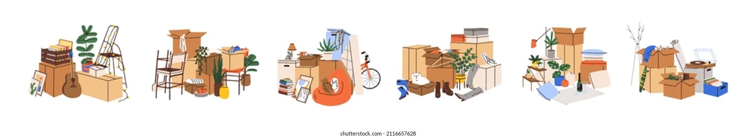 Cardboard boxes piles set. Stuff packed in carton packages for relocation and moving. Many belongings, books, plants, furniture in containers. Flat vector illustrations isolated on white background