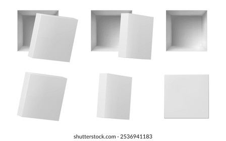 Cardboard boxes realistic mockup for packing and delivery of items and goods. Vector isolated parcel with no logos or text, empty paper bags with lids for moving out, transportation or food