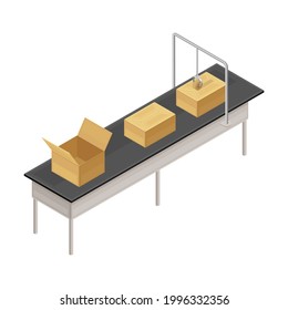 Cardboard Boxes Rested on Conveyor Belt in Custom or Warehouse Isometric Vector Illustration