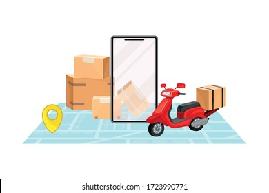 Cardboard Boxes and Scooter with Navigation App on Smartphone Screen Vector Illustration