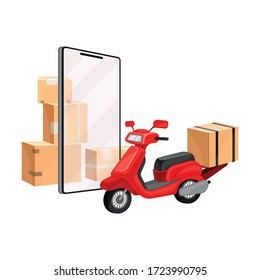 Cardboard Boxes and Scooter with Smartphone Screen as Navigation Attribute Vector Illustration