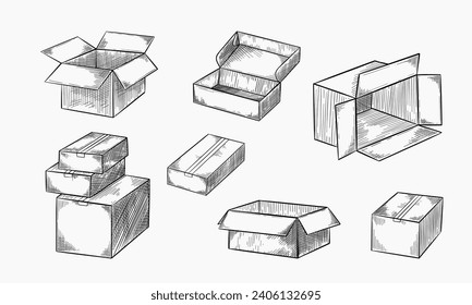 Cajas de cartón establecidas. Recogida de paquetes postales vacíos y cerrados. Ilustración de esbozo dibujada a mano por vectores. Pila de cajas de cartón, aisladas en fondo blanco