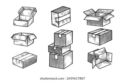 Cardboard boxes set. Closed and open empty postal packages collection. Vector hand drawn sketch illustration. Pile of carton mailboxes, isolated on white background