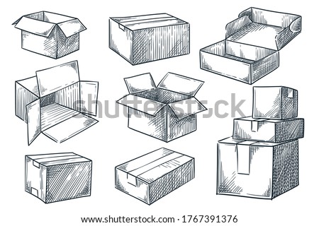 Cardboard boxes set. Closed and open empty postal packages collection. Vector hand drawn sketch illustration. Pile of carton mailboxes, isolated on white background