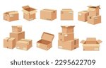 Cardboard boxes set. Collection of packages for transporting goods. Shipping and transportation. Delivery of parcels or postal service. Cartoon flat vector illustrations isolated on white background